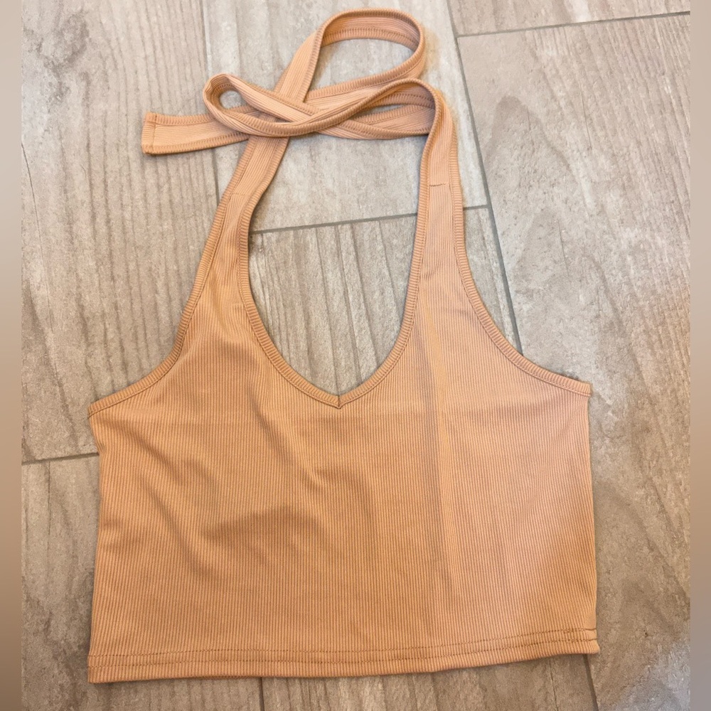 TAN V-NECK HALTER TOP